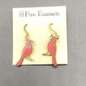 NOS Crown & Fish Enterprise Cloisonné Enamel Earrings Cardinal Bird Dangle